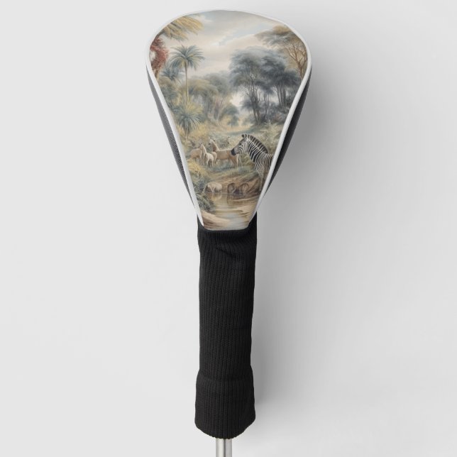 Botanical scene of zebras and lions in an oasis golf head cover (Front)