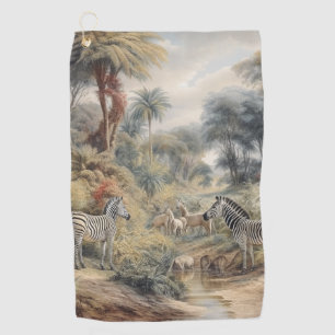 Botanical scene of zebras and lions in an oasis golf towel