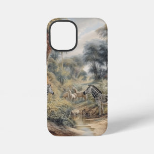 Botanical scene of zebras and lions in an oasis iPhone 12 mini case
