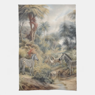 Botanical scene of zebras and lions in an oasis kitchen towel