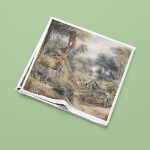 Botanical scene of zebras and lions in an oasis napkin