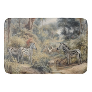 Botanical scene of zebras in an oasis bath mat