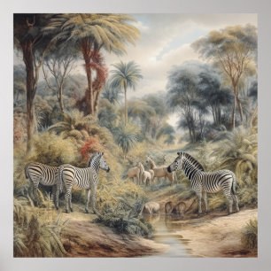 Botanical scene of zebras in an oasis poster