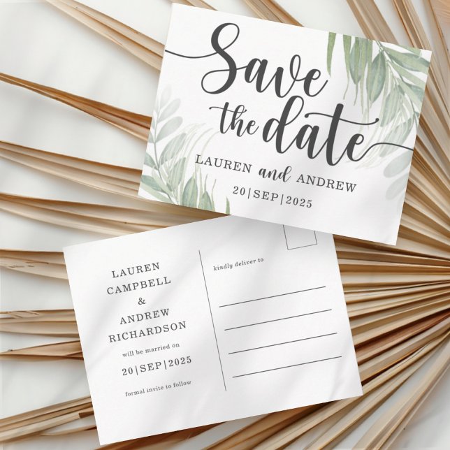 Botanical & Script Green Save the Date Postcard (Creator Uploaded)