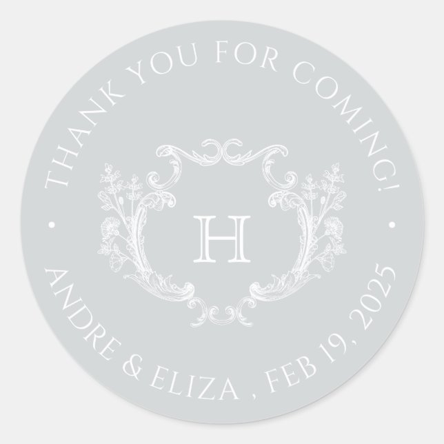 Botanical Silver Crest Monogram Wedding sticker (Front)