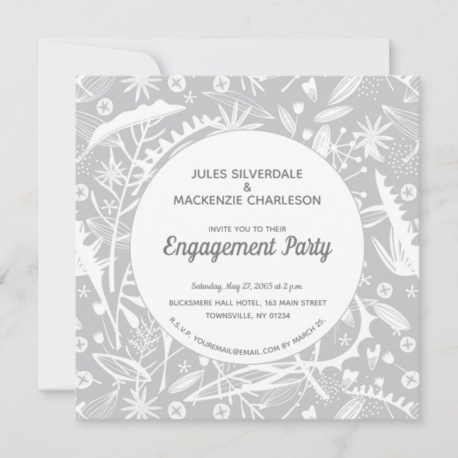 Botanical Silver Grey Pattern Engagement Party Invitation (Front)