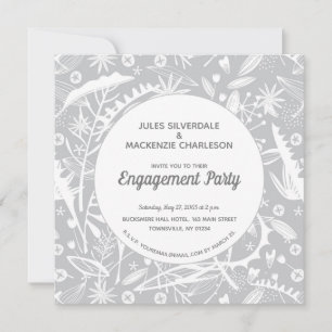 Botanical Silver Grey Pattern Engagement Party Invitation