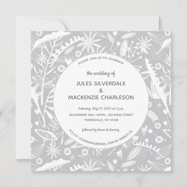 Botanical Silver Grey Pattern Wedding Invitation (Front)