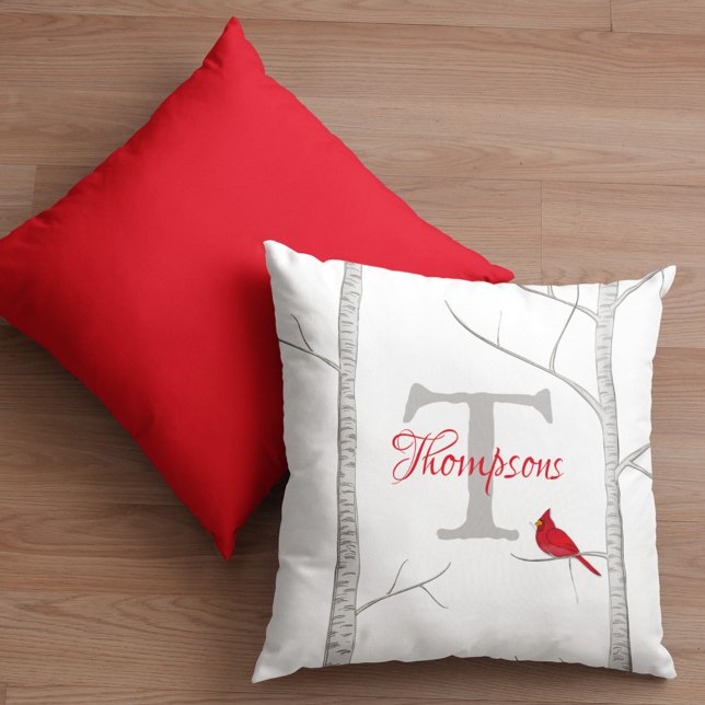 Botanical Simple Monogram Winter Red Cardinal Throw Pillow (Monogrammed Red Cardinal Simple birch tree throw pillow)