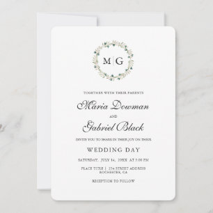 Botanical simple wreath. Monogram. Elegant wedding Invitation