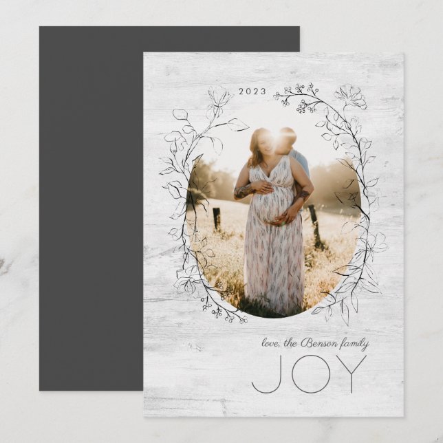 Botanical Sketch Oval Frame Grey Holiday Card (Front/Back)
