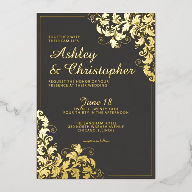 Botanical Slate Grey Corner Photo Wedding Gold (Front)