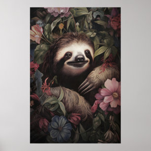 Botanical Sloth Print, Dark Academia Floral Poster