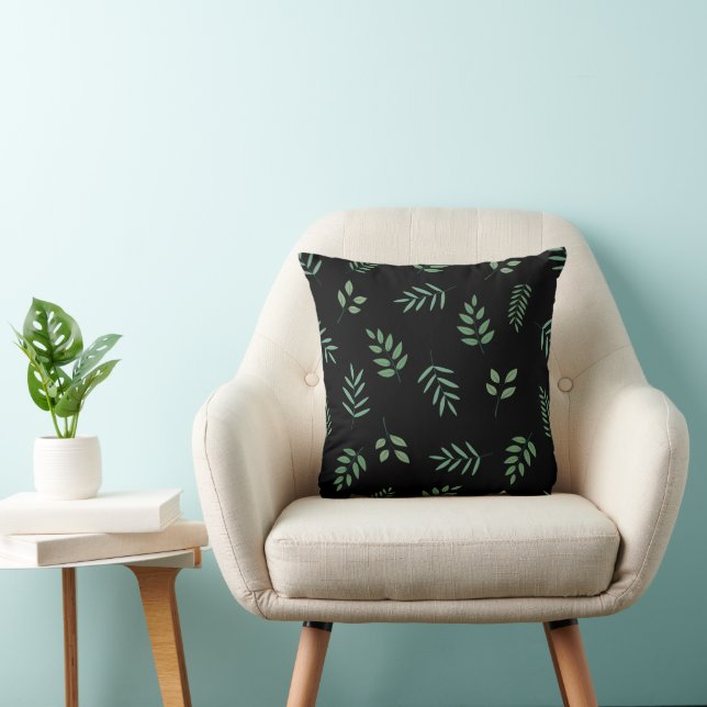 Botanical Square Pillow – Leaf on Black Design (Chair)
