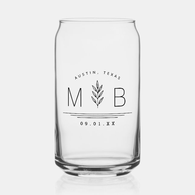 Botanical Stem Wedding Monogram Can Glass (Front)