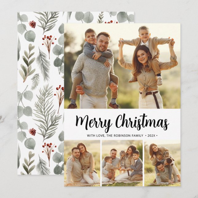  Botanical Stylish 4 Photo Collage Christmas Holiday Card (Front/Back)
