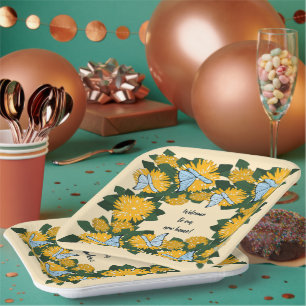 Botanical Stylized Yellow Dandelion Butterflies Paper Plate