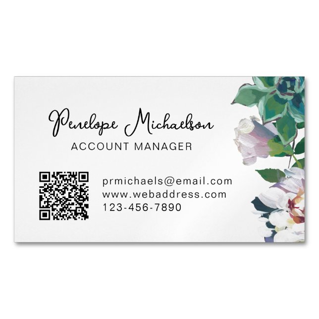 Botanical Succulent with Pretty Script and QR Code Magnetic Business Card (Front)