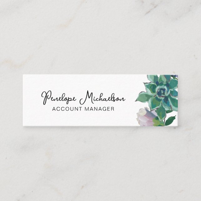 Botanical Succulent with Pretty Script Mini Business Card (Front)