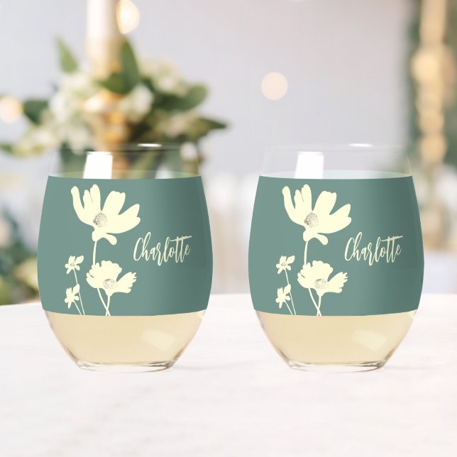 Botanical Summer Cosmos Flowers Silhouettes  Stemless Wine Glass (Insitu (Wedding))
