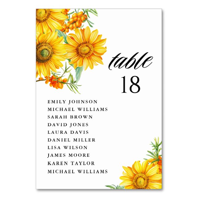 Botanical Sunflower and Seabuckthorn Guest Names Table Number (Back)