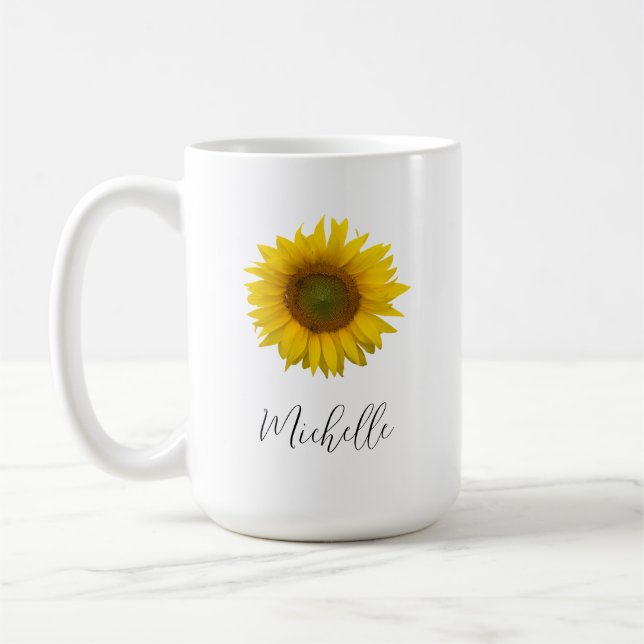 Botanical Sunflower Elegant Script Coffee Mug (Left)