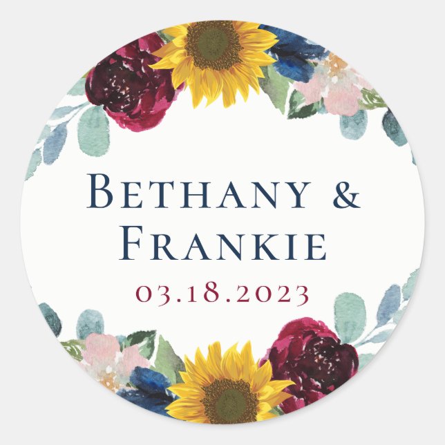 Botanical Sunflower Floral Wedding Favour Classic Round Sticker (Front)