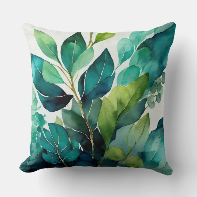 Botanical Teal Green Throw Pillow  (Front)