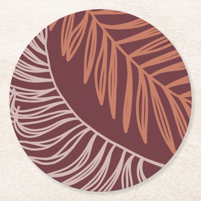 Botanical Terracotta Palm leaves round coasters (Front)