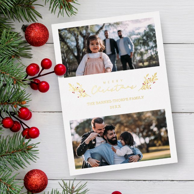 Botanical Themed Christmas Custom Photo Script Foil Holiday Card (Creator Uploaded)