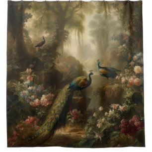 Botanical: three peacocks in English garden