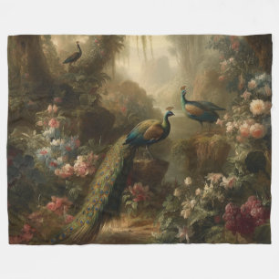 Botanical: three peacocks in English garden  Fleece Blanket