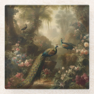 Botanical: three peacocks in English garden  Glass Coaster