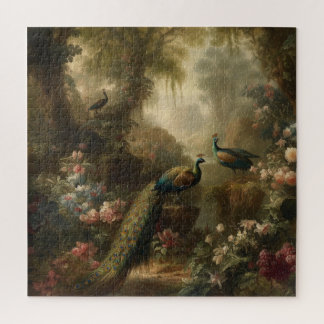 Botanical: three peacocks in English garden Jigsaw Puzzle