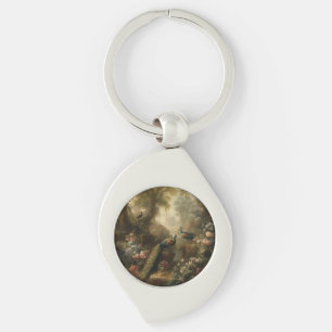 Botanical: three peacocks in English garden  Keychain