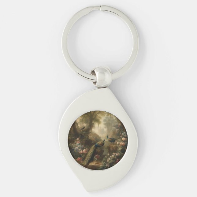 Botanical: three peacocks in English garden  Keychain (Front)