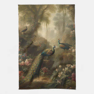 Botanical: three peacocks in English garden Kitchen Towel