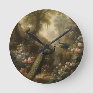 Botanical: three peacocks in English garden Round Clock