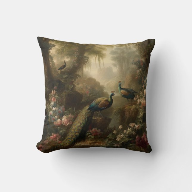 Botanical: three peacocks in English garden  Throw Pillow (Front)