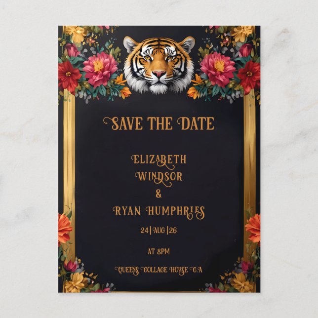 Botanical Tiger Wedding Invitation Postcard (Front)