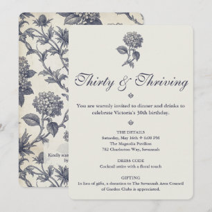 Botanical Toile Hydrangea Sea Holly 30th Birthday Invitation