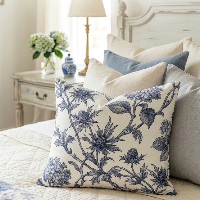 Botanical Toile | Hydrangea & Sea Holly Accent Pillow (Lifestyle Shot)