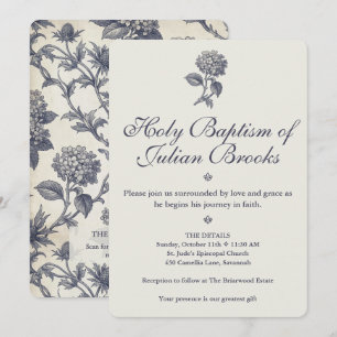 Botanical Toile Hydrangea Sea Holly Christening Invitation