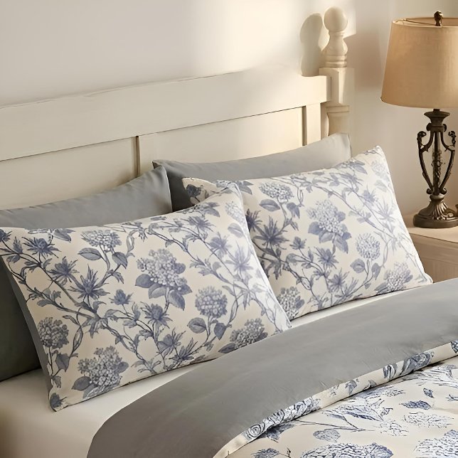 Botanical Toile | Hydrangea & Sea Holly Pillowcase (Lifestyle Shot)