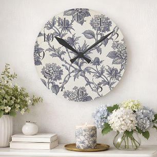 Botanical Toile   Hydrangea & Sea Holly Round Clock
