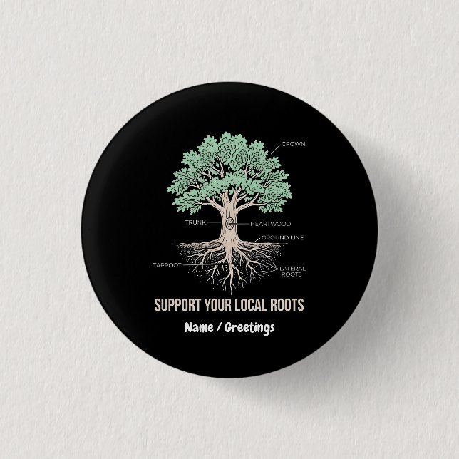 Botanical Tree Anatomy Support Your Local Roots 1 Inch Round Button (Front)
