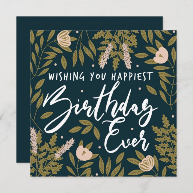 Botanical Trendy Floral Typography Happy Birthday Card (Front/Back)