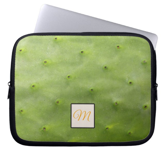 Botanical Tropical Green Cactus Photo Monogram Laptop Sleeve (Front)