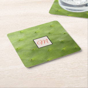 Botanical Tropical Green Cactus Photo Monogram Square Paper Coaster