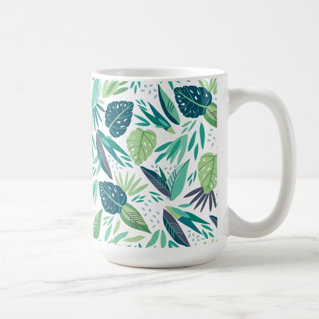 Botanical Tropical Green & White Leafs Pattern Coffee Mug (Right)
